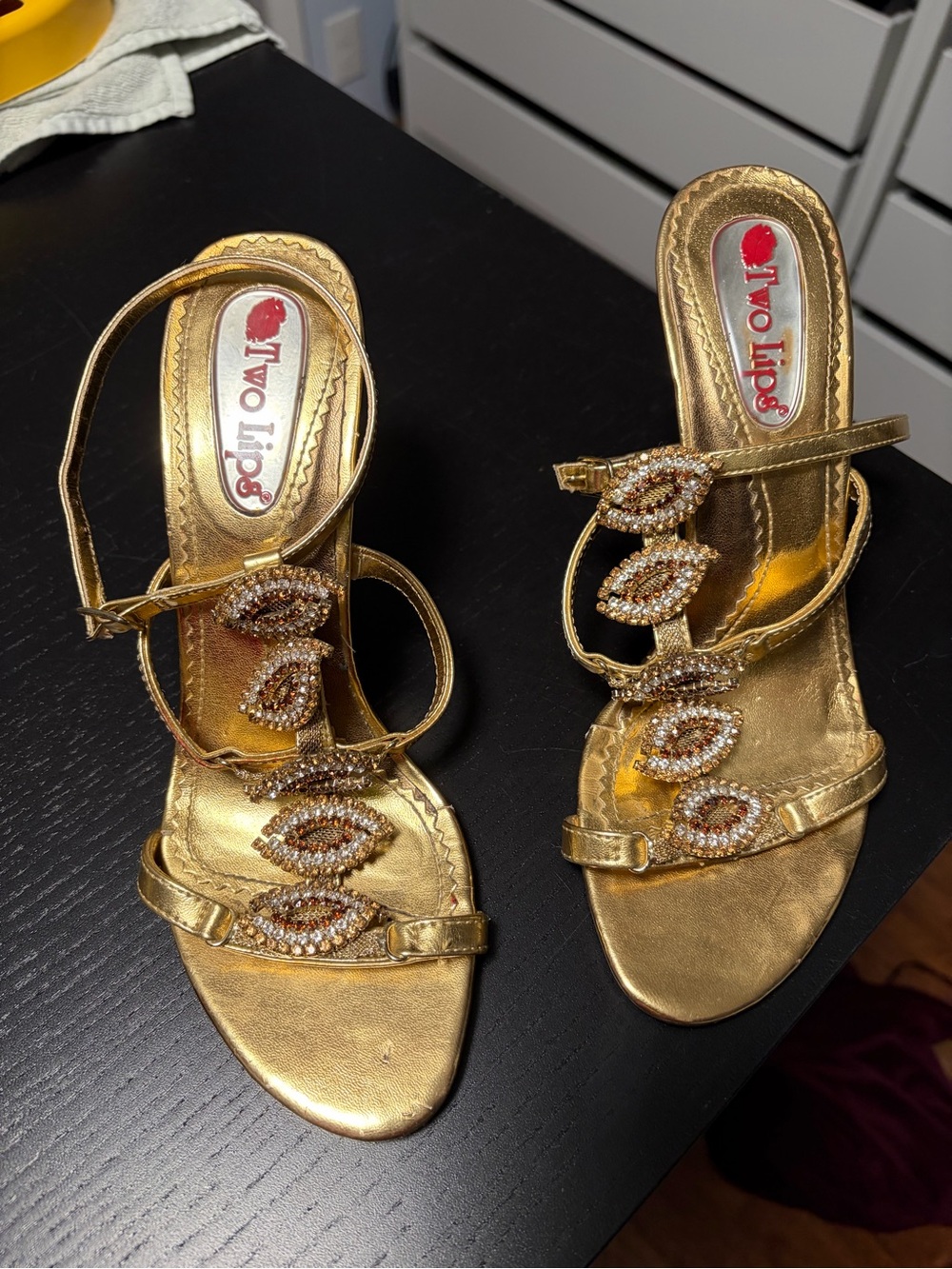 Two Lips Metallic Gold Jeweled Strappy Heels